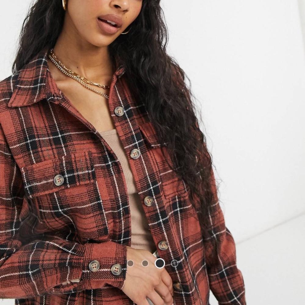 Plaid shacket in rust brown